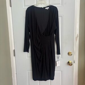 NWT Calvin Klein Black L/S Shimmer Plunging Faux Wrap Cocktail Dress, Size 18W